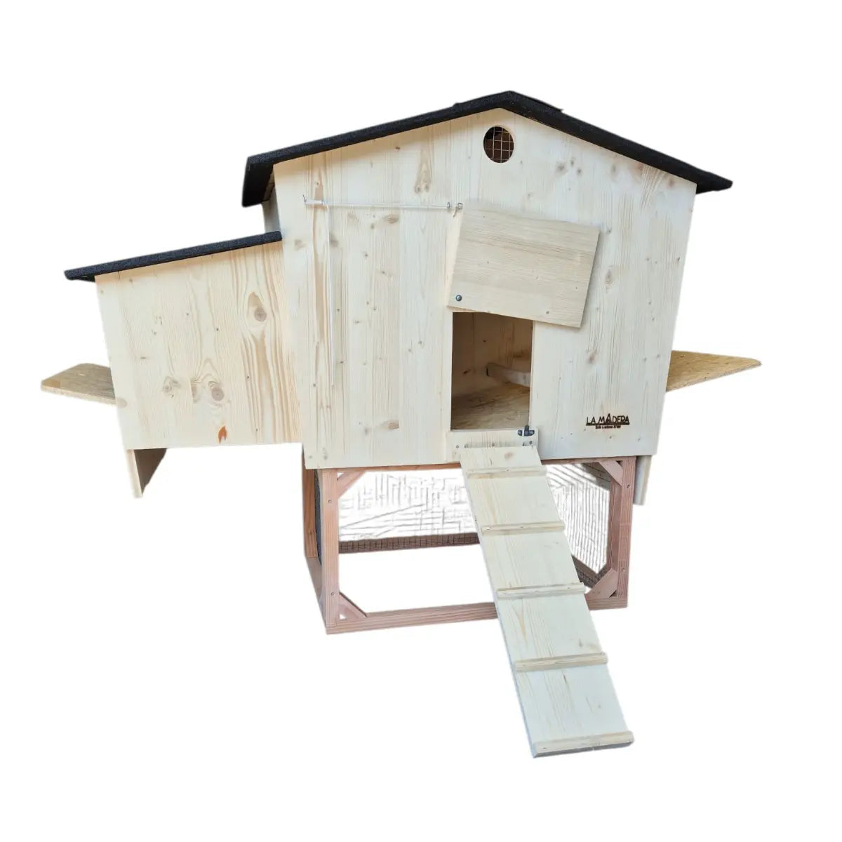 Poulailler en bois massif sur pilotis pratique et facile à utiliser et nettoyer, multiples trappes d'accès et ventilation optimisée