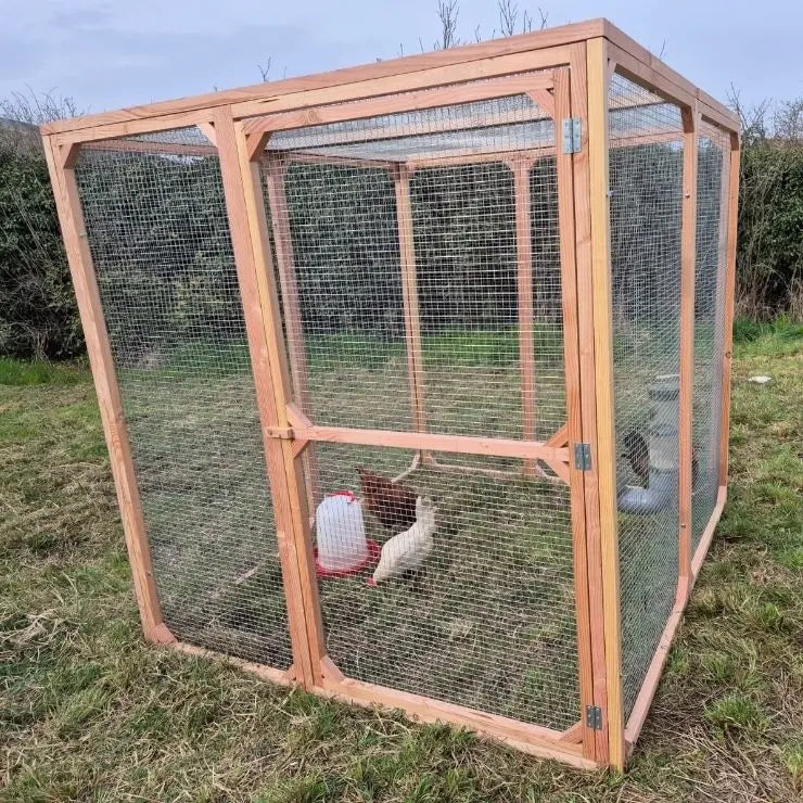 Vu d'un enclos à poule avec des poules protégées à l'intérieur