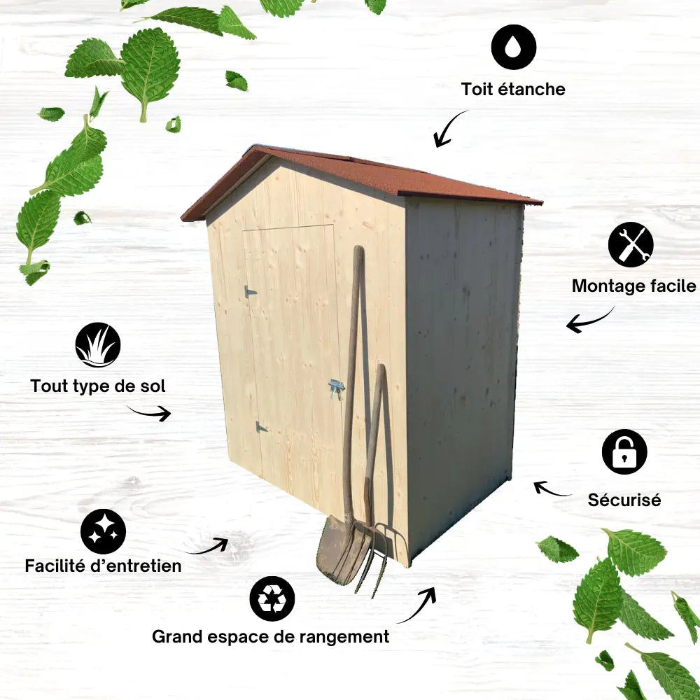 abri de jardin en bois massif, grande capacité de rangement.